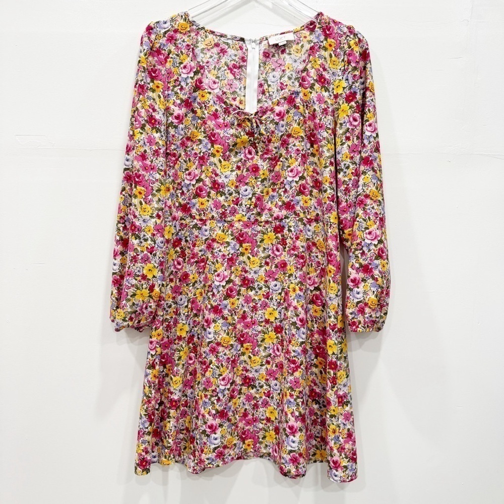 Loft Floral Long Sleeve Dress V-Neck Tie Front Size 8
